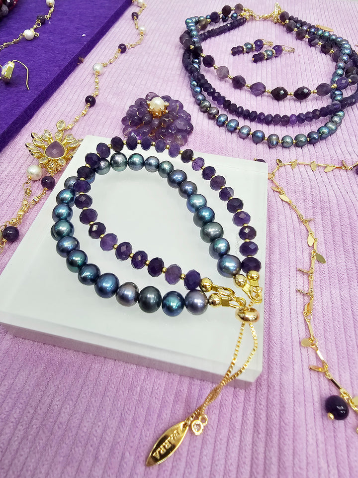 Amethyst With Purple Freshwater Pearl Double Layers Bracelet SB007