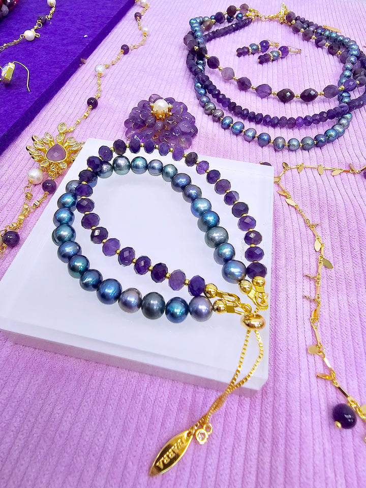 Amethyst With Purple Freshwater Pearl Double Layers Bracelet SB007