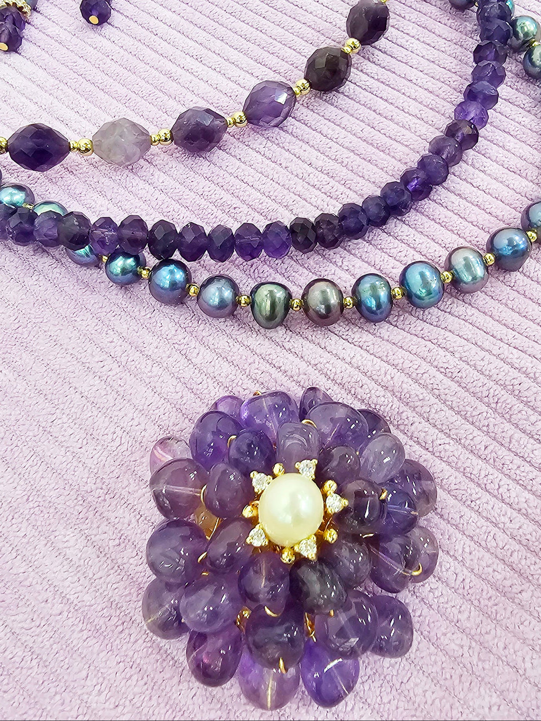 Flower Shaped Amethyst With Freshwater Pearl Brooch SP004
