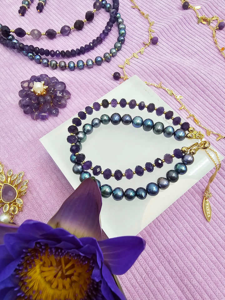 Amethyst With Purple Freshwater Pearl Double Layers Bracelet SB007