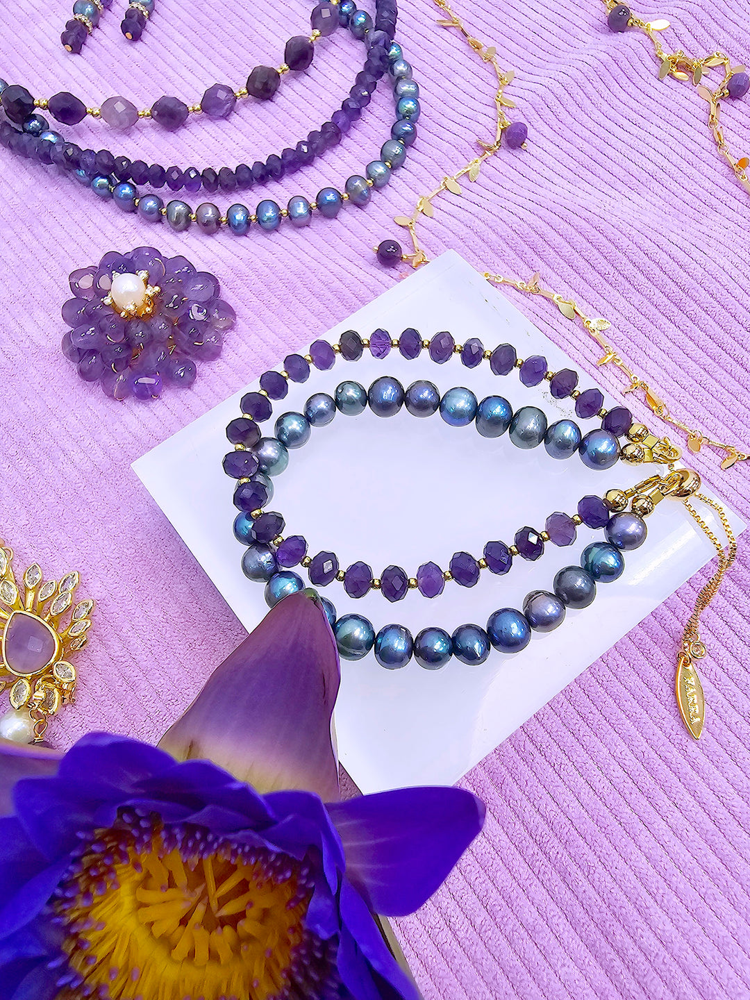 Amethyst With Purple Freshwater Pearl Double Layers Bracelet SB007