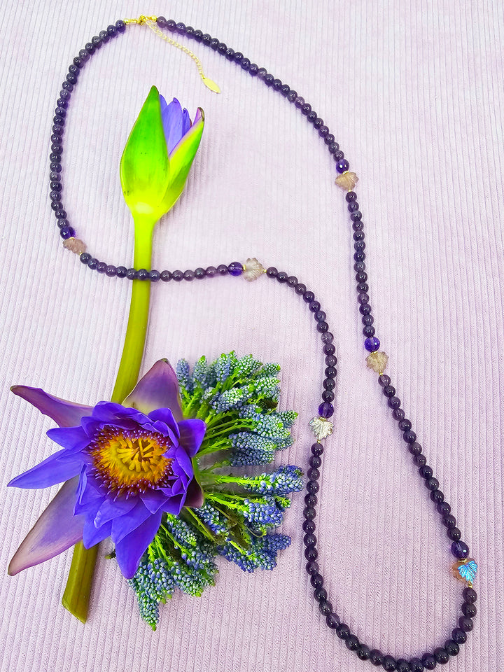 Amethyst Starnd With Leaves Long Necklace SN011