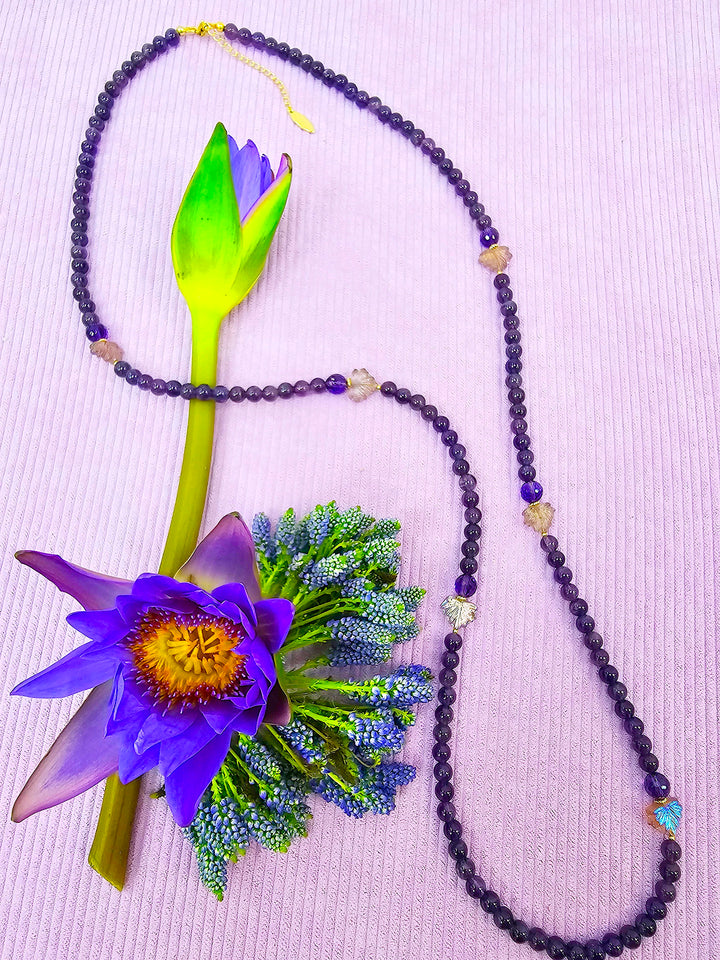 Amethyst With Leaves Long Necklace SN011