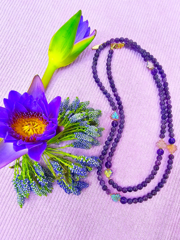 Amethyst With Leaves Long Necklace SN011