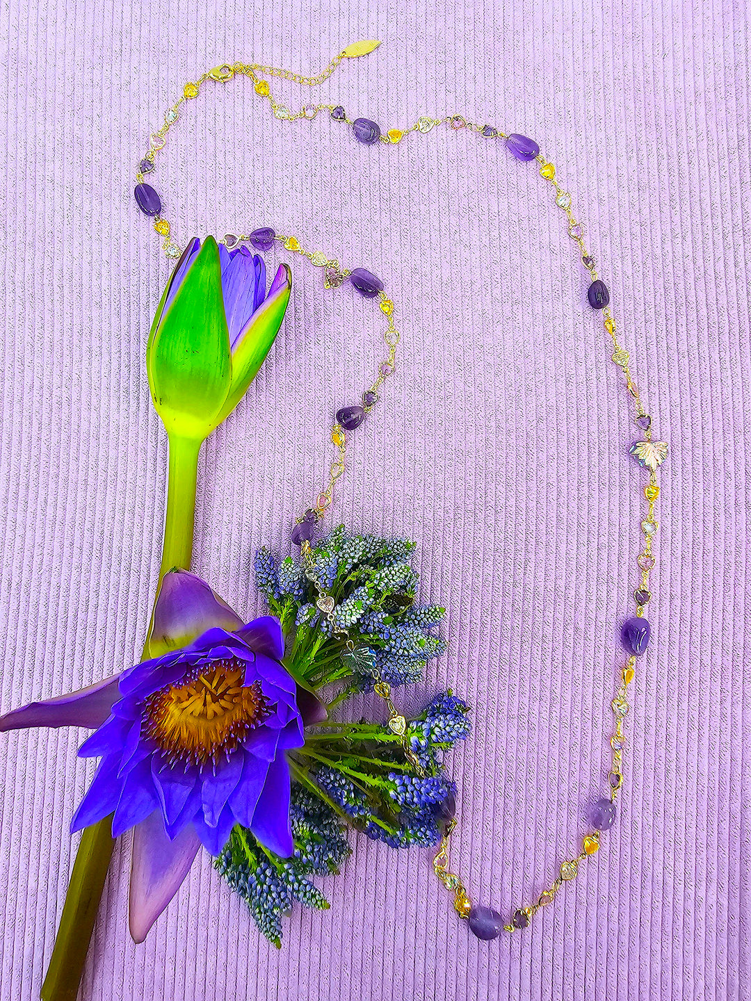 Colorful Zircon Chain With Amethyst Station Long Necklace SN010