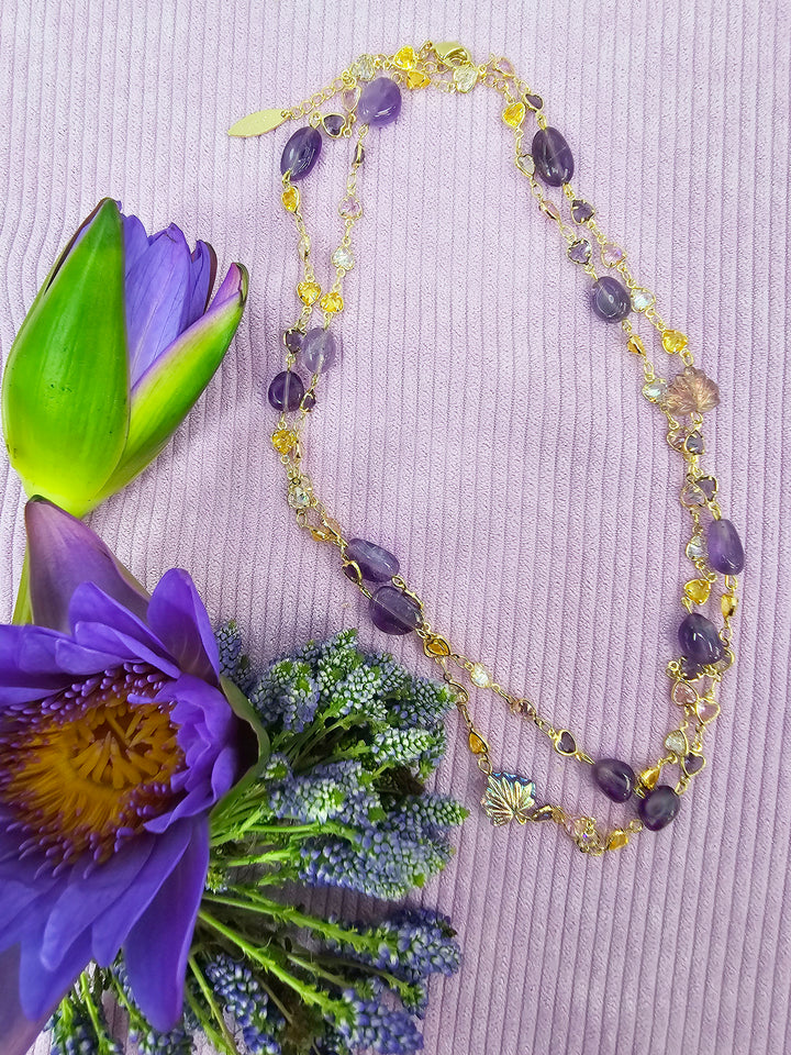 Colorful Zircon Chain With Amethyst Station Long Necklace SN010