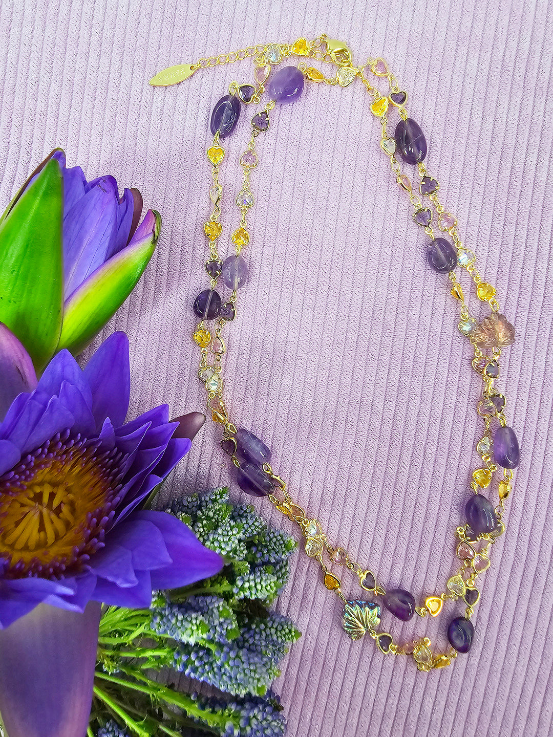 Colorful Zircon Chain With Amethyst Station Long Necklace SN010