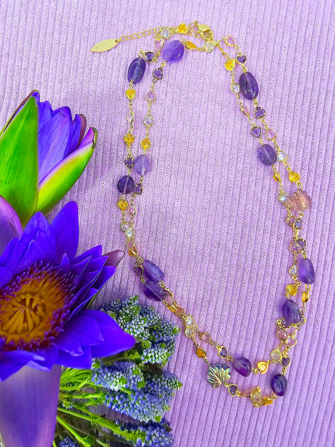 Colorful Zircon Chain With Amethyst Station Long Necklace SN010
