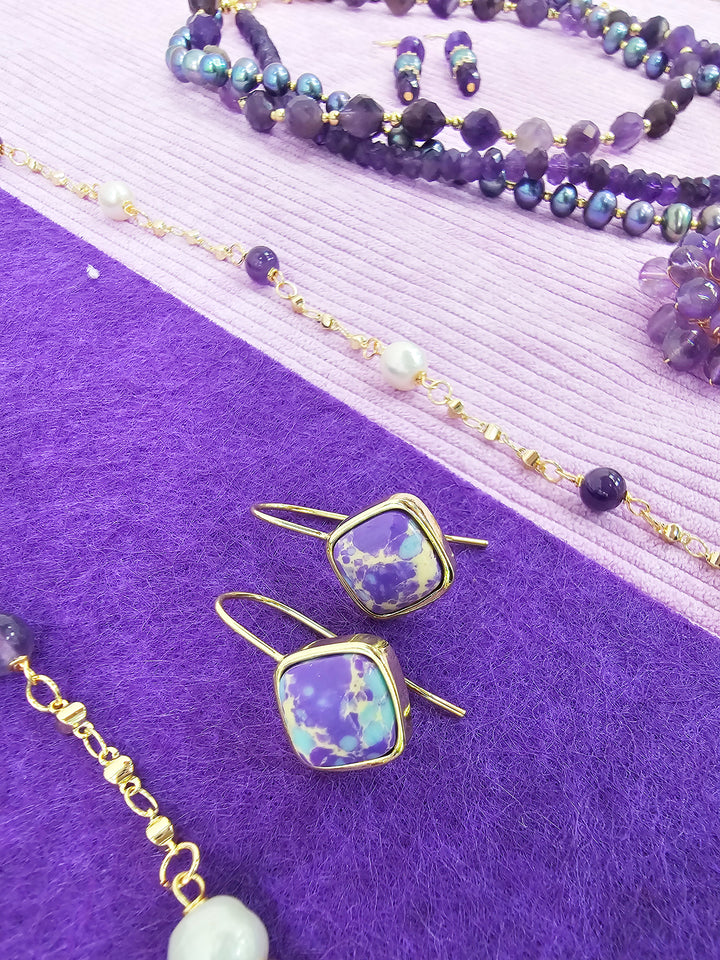 Minimalist Square Shaped Imperial Jasper Hoop earrings SE008