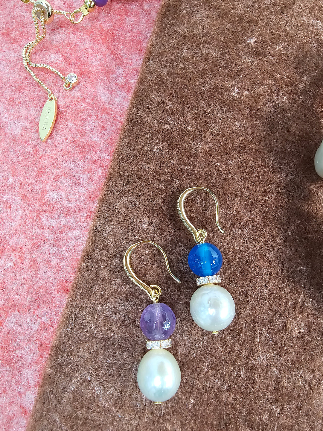 Purple Amethyst And Blue Agate With Freshwater Pearl Dangle Earrings SE023