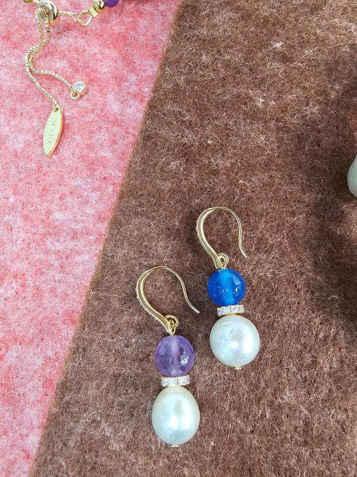 Purple Amethyst And Blue Agate With Freshwater Pearl Dangle Earrings SE023