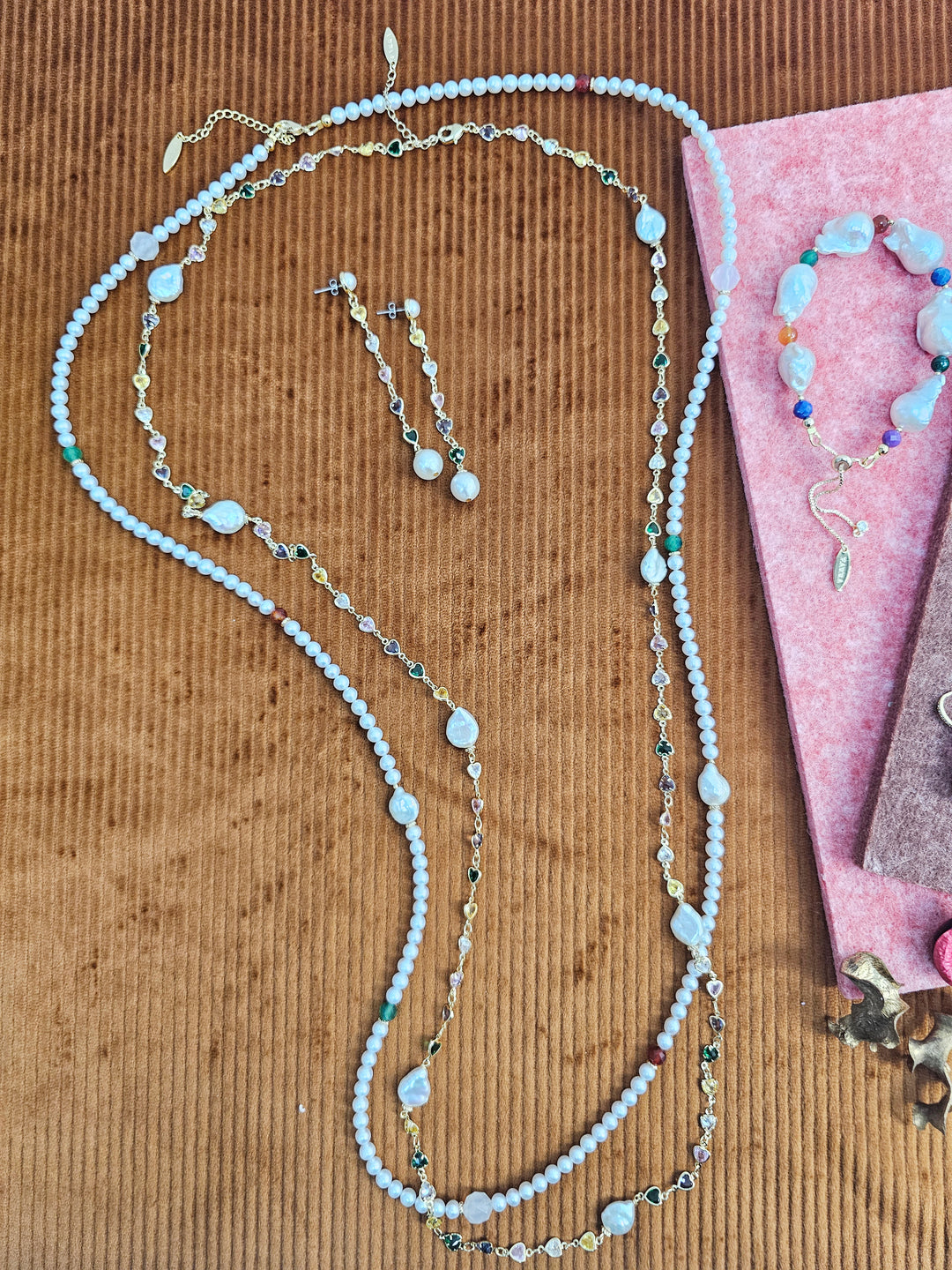 Colorful Heart Zircon Chain With Baroque Pearls Long Station Necklace SN038