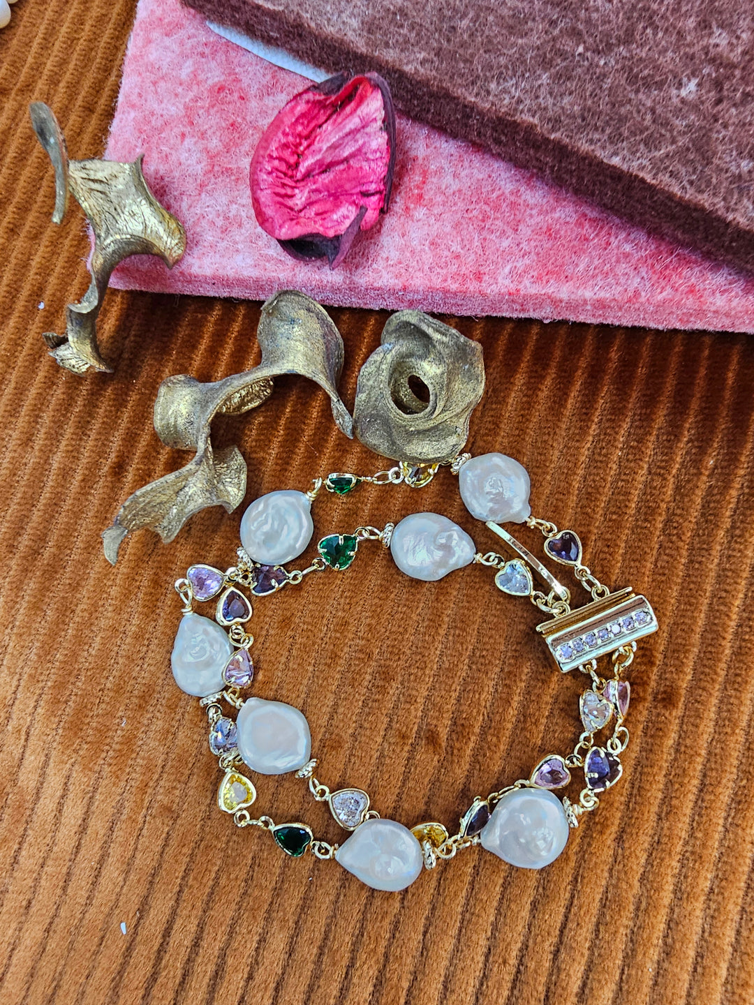 Colorful Zircon With Irregular Flat Baroque Pearls Double Layers Bracelet SB021
