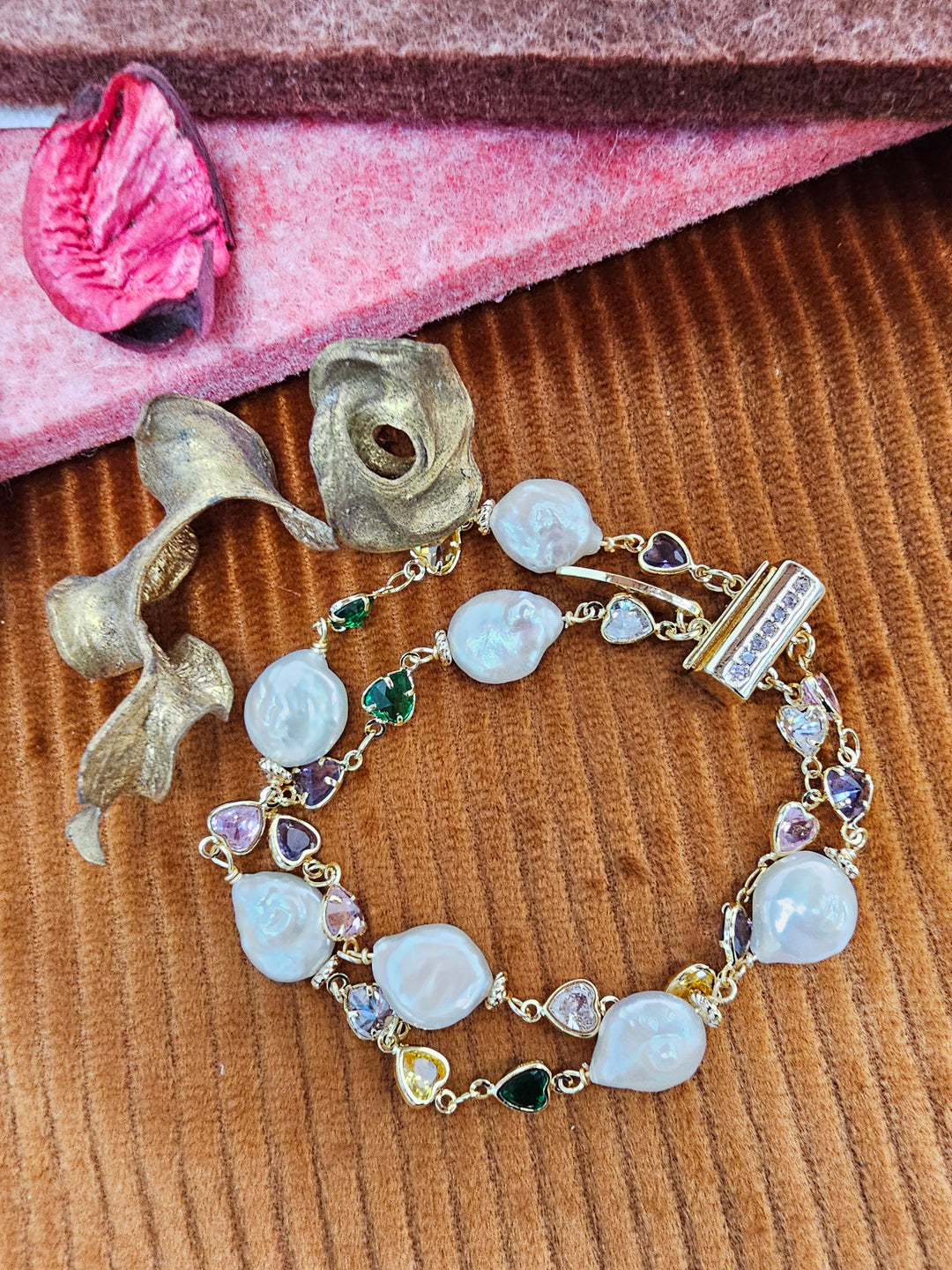 Colorful Zircon With Irregular Flat Baroque Pearls Double Layers Bracelet SB021