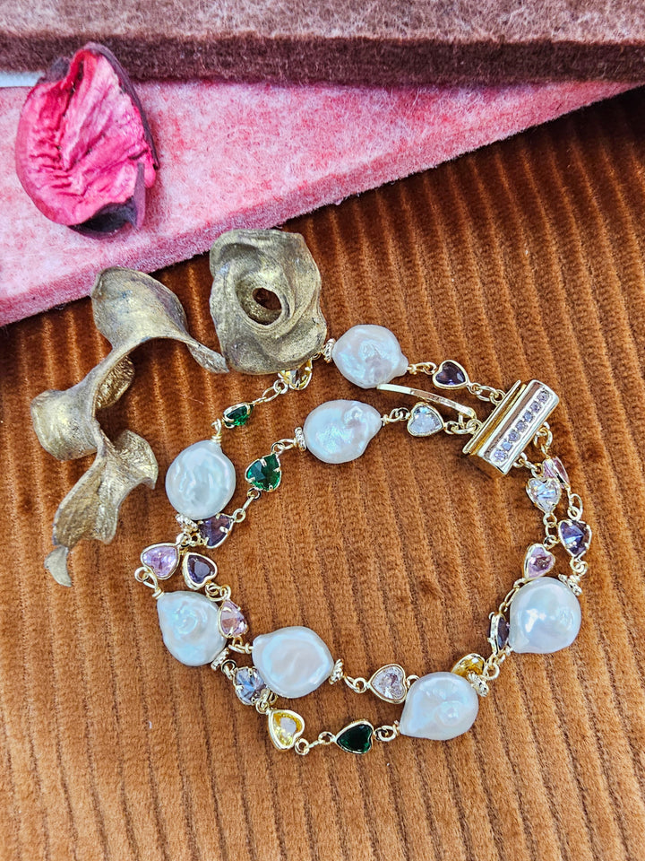 Colorful Zircon With Irregular Flat Baroque Pearls Double Layers Bracelet SB021