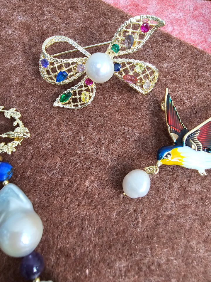 BowKnot With Colorful Zircon Stone And Freshwater Pearl Brooch SP006