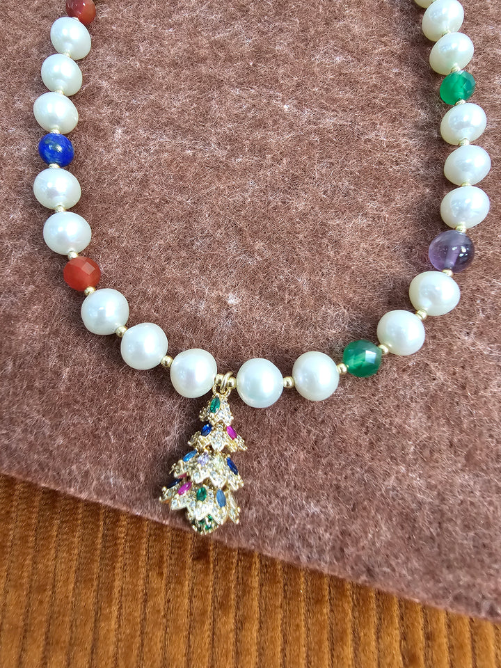 Freshwater Pearl And Colorful Gemstone With Christmas Tree Pendant Necklace SN040