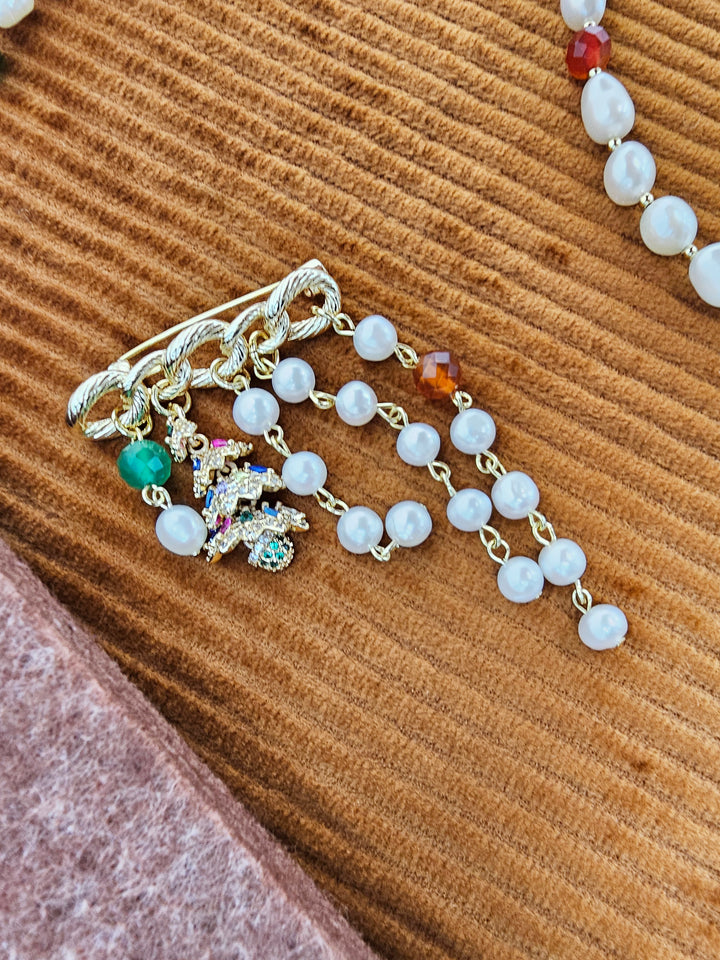 Freshwater Pearl With Green Red Agate And Christmas Tree Tassel Brooch SP008