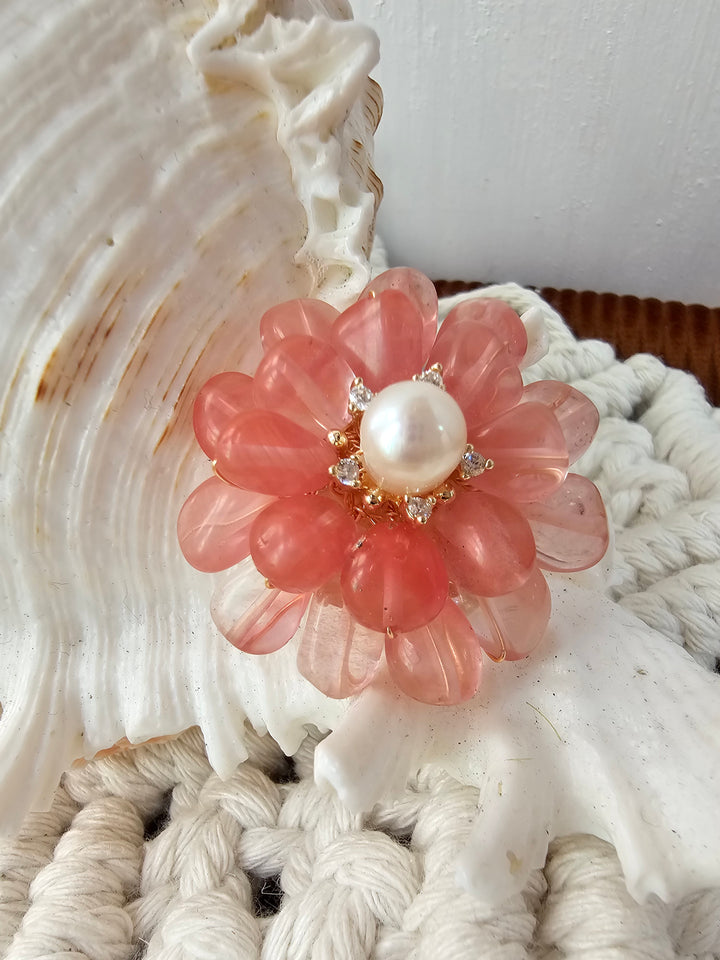 Handcrafted Flower Shaped Watermelon Quartz Brooch