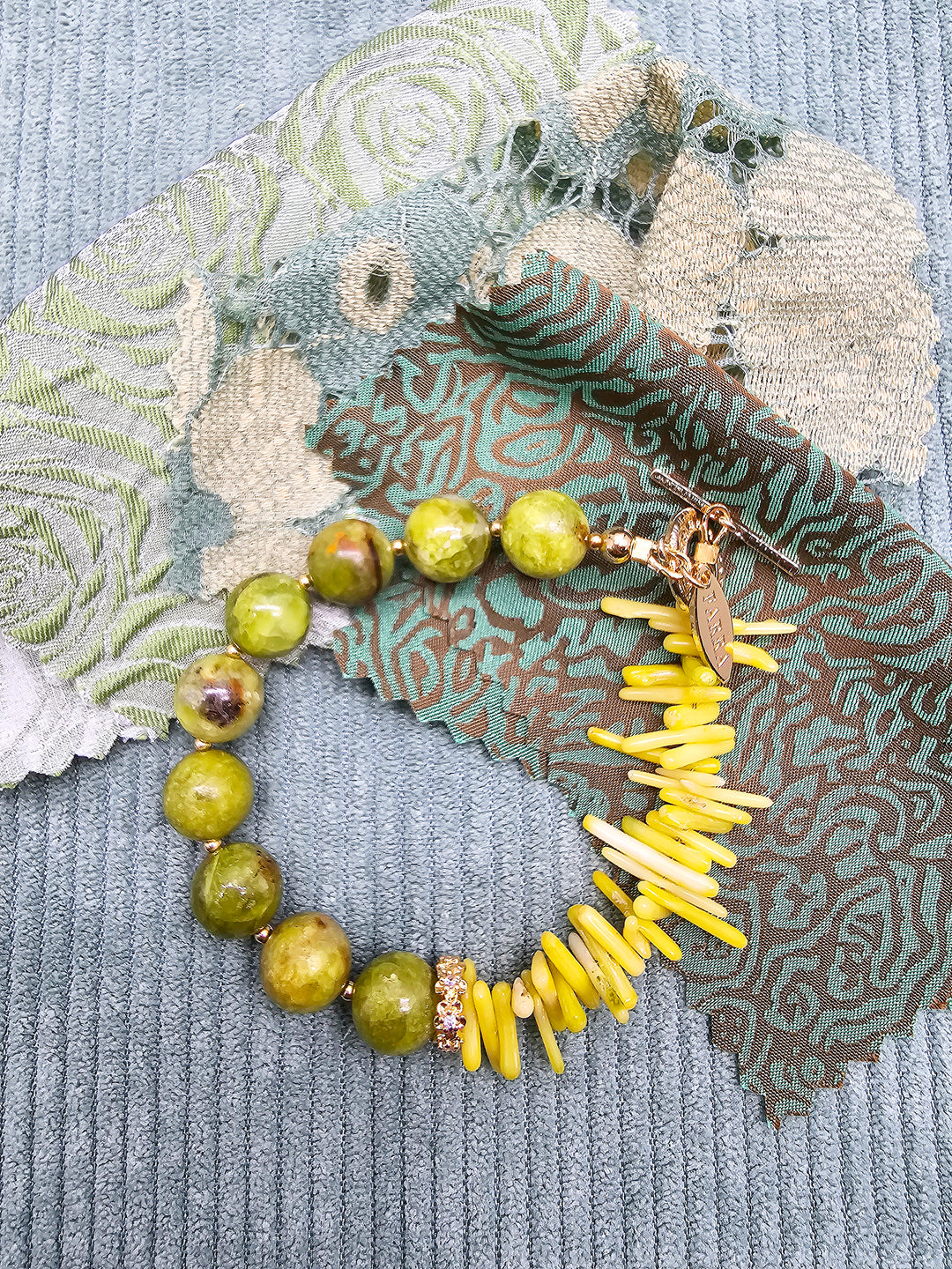 Natural-Inspired Green Opal With Yellow Bamboo Coral Bracelet SB019