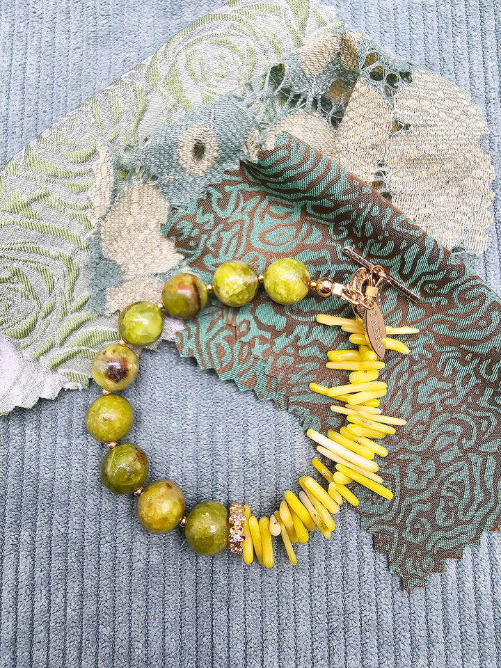Natural-Inspired Green Opal With Yellow Bamboo Coral Bracelet SB019