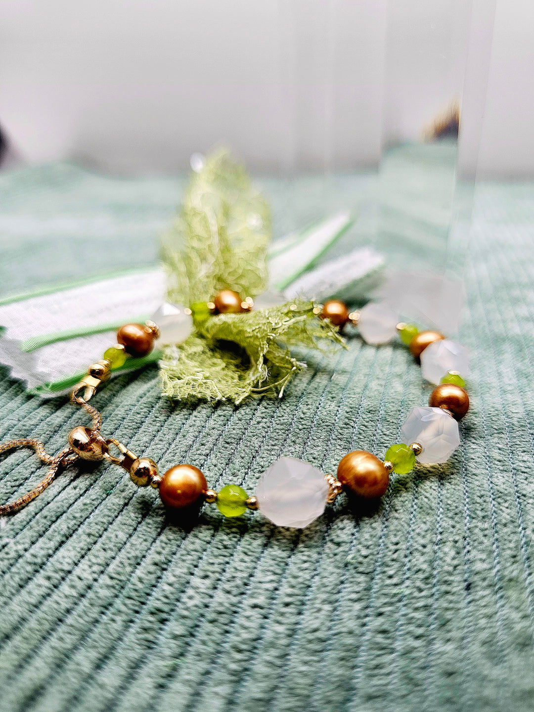 White Agate With Brown Freshwater Pearl Adjustable Bracelet SB017