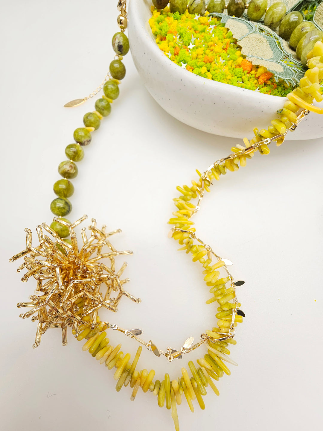 Boho Chic Green Opal And Yellow Bamboo Coral With Removable Pin Necklace SN033