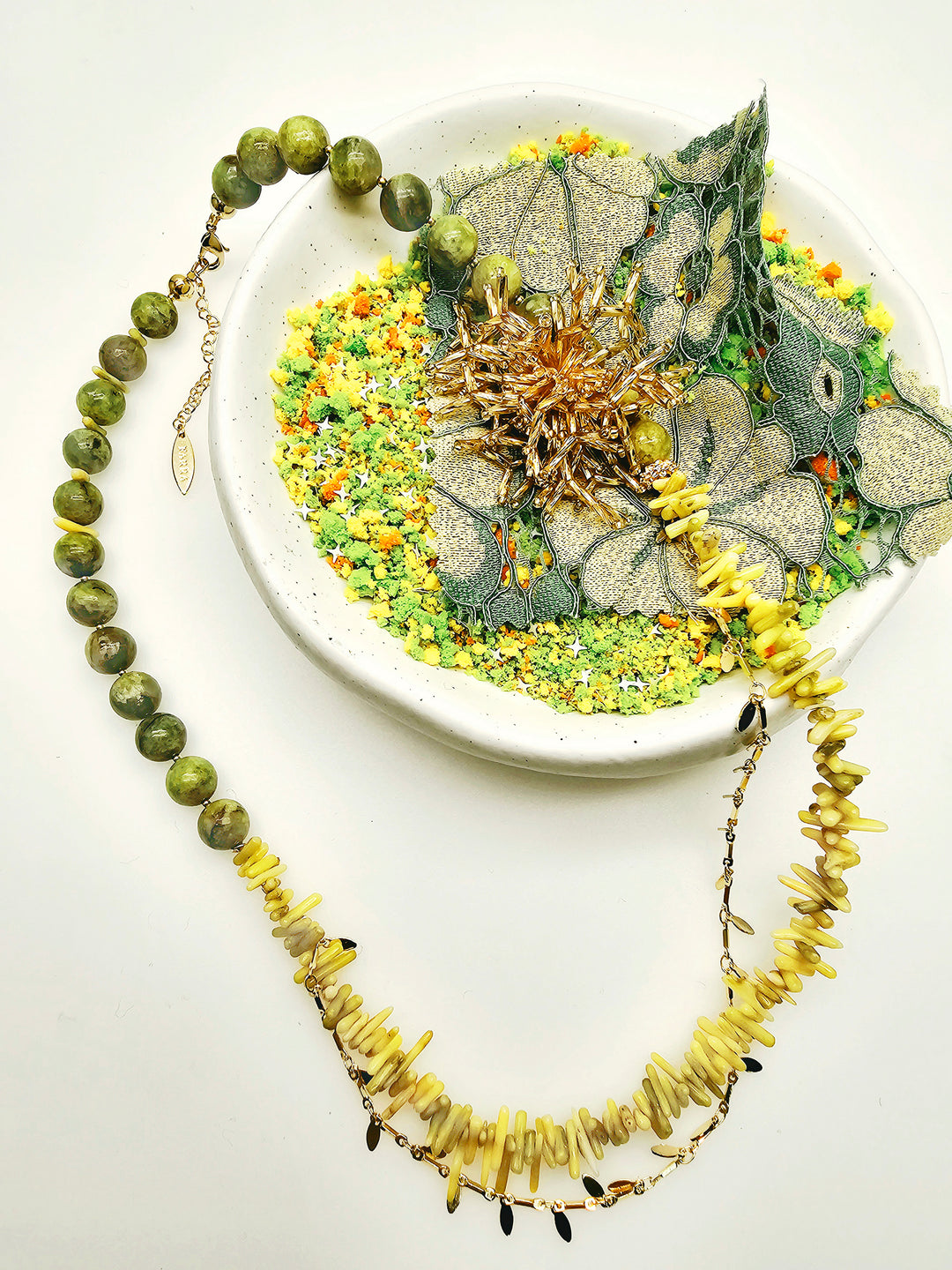 Boho Chic Green Opal And Yellow Bamboo Coral With Removable Pin Necklace SN033