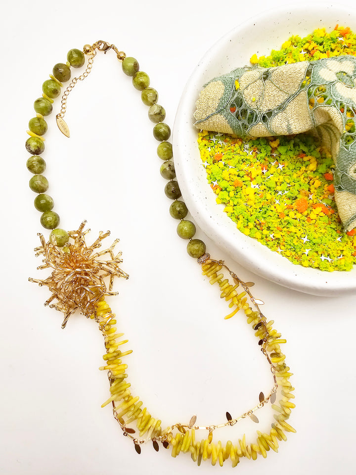 Boho Chic Green Opal And Yellow Bamboo Coral With Removable Pin Necklace SN033