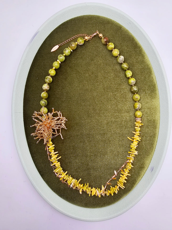 Boho Chic Green Opal And Yellow Bamboo Coral With Removable Pin Necklace SN033