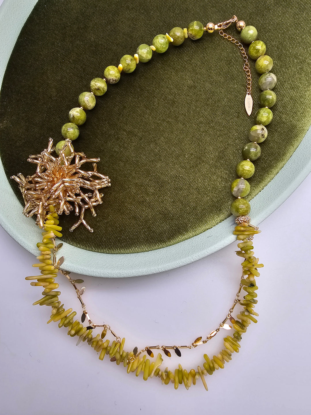 Boho Chic Green Opal And Yellow Bamboo Coral With Removable Pin Necklace SN033