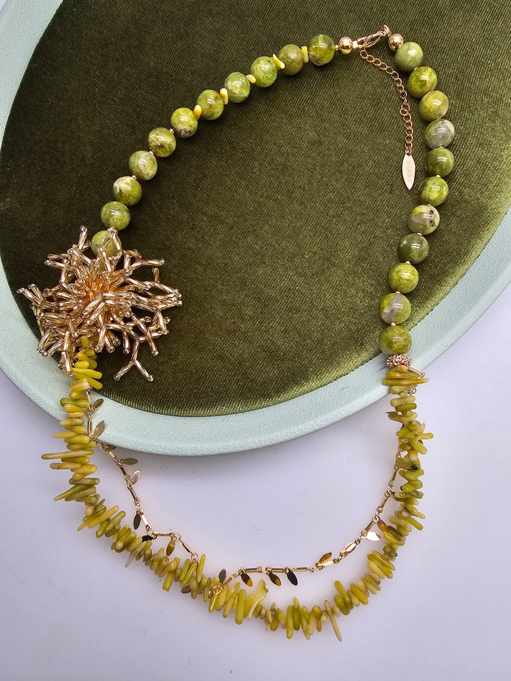 Boho Chic Green Opal And Yellow Bamboo Coral With Removable Pin Necklace SN033