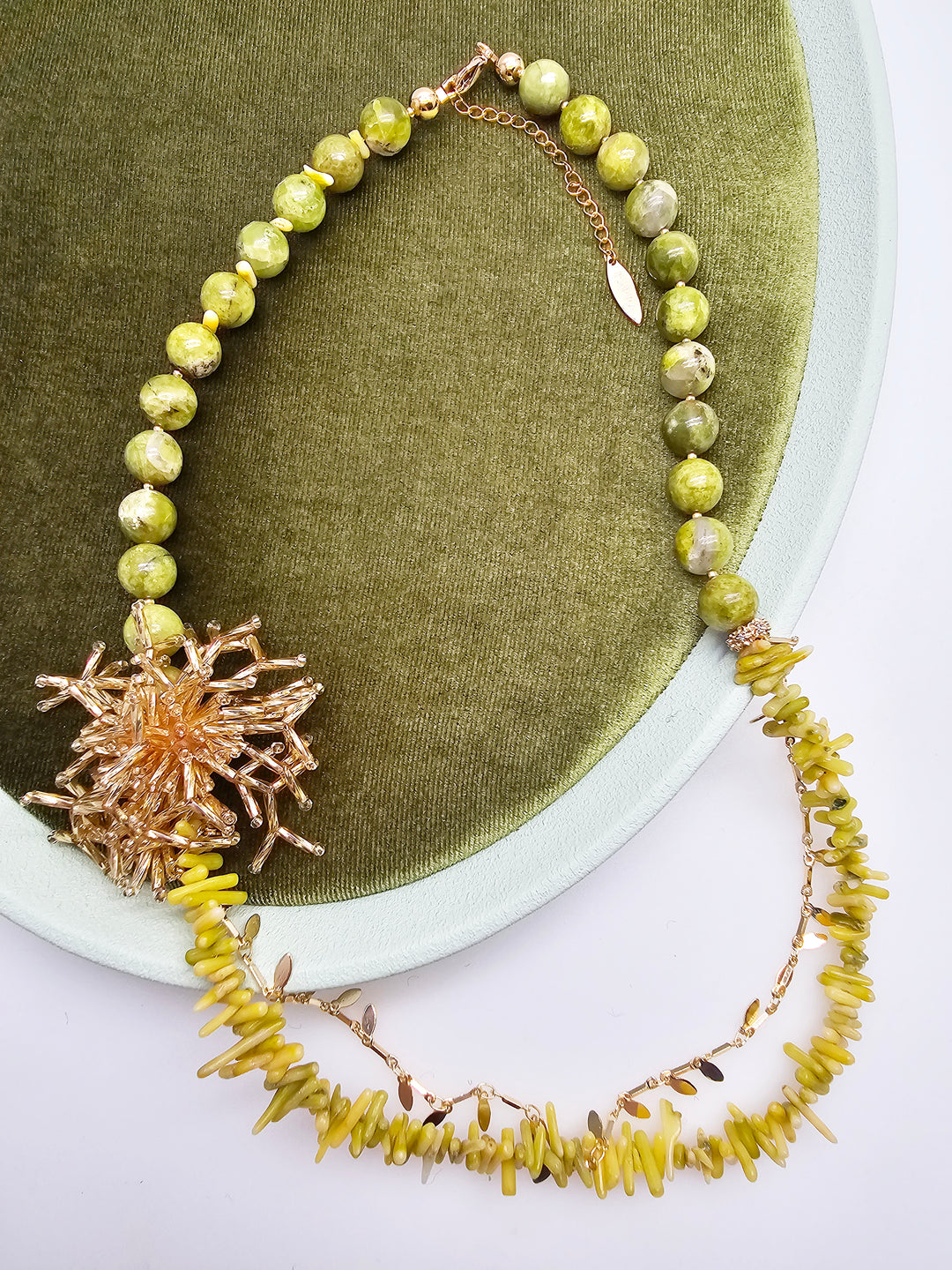 Boho Chic Green Opal And Yellow Bamboo Coral With Removable Pin Necklace SN033