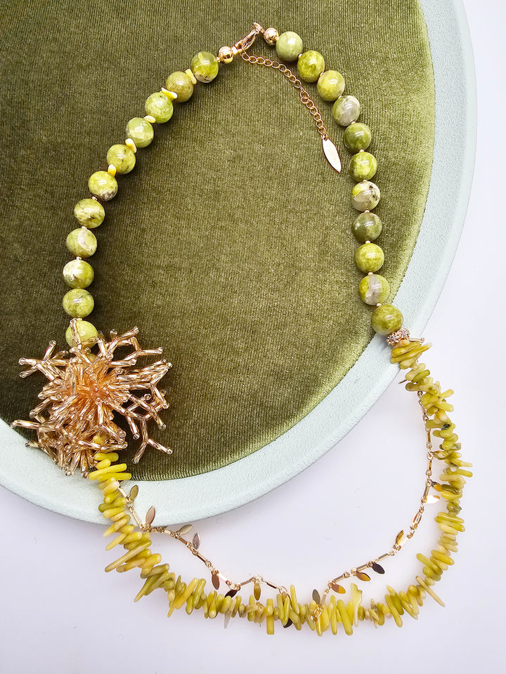 Boho Chic Green Opal And Yellow Bamboo Coral With Removable Pin Necklace SN033