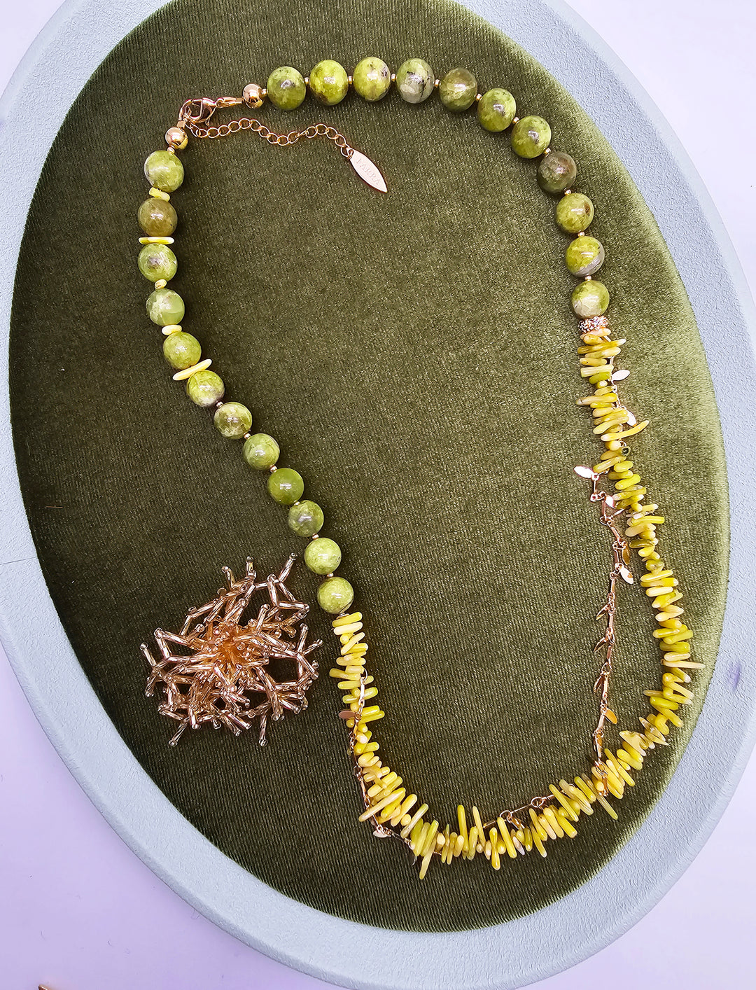 Boho Chic Green Opal And Yellow Bamboo Coral With Removable Pin Necklace SN033