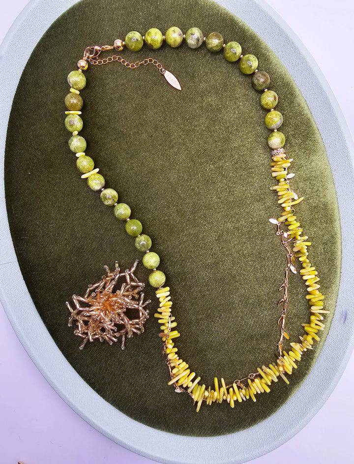 Boho Chic Green Opal And Yellow Bamboo Coral With Removable Pin Necklace SN033