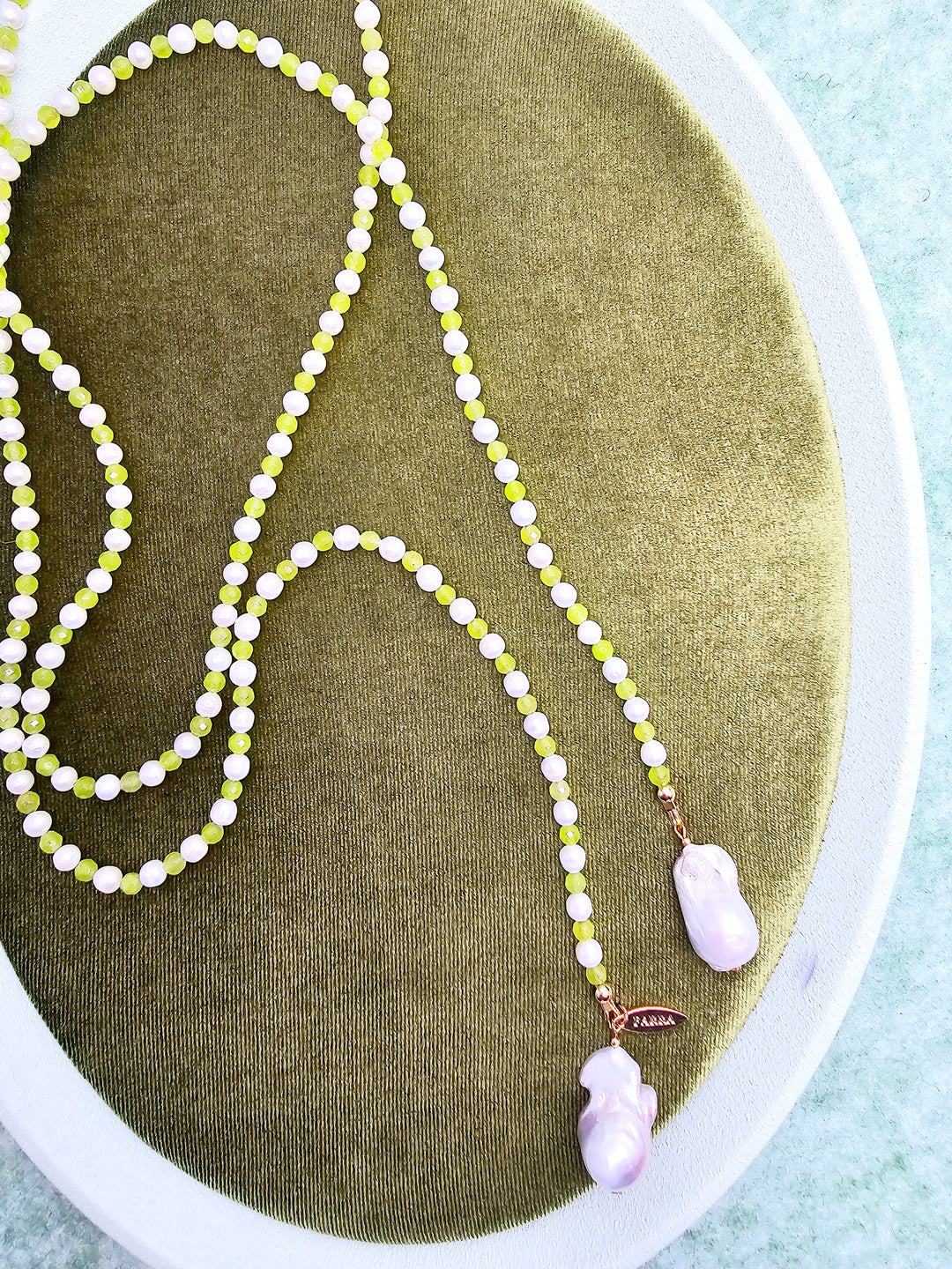 Pearl And Green Agate With Baroque Pearl Drops Open Ended Long Necklace SN036