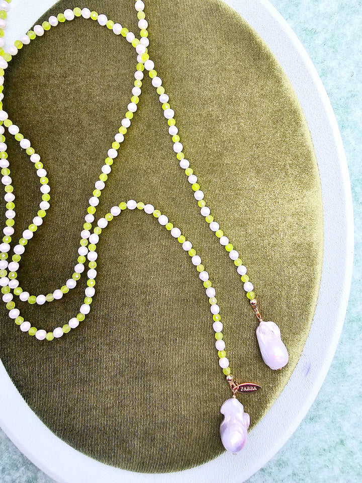 Pearl And Green Agate With Baroque Pearl Drops Open Ended Long Necklace SN036