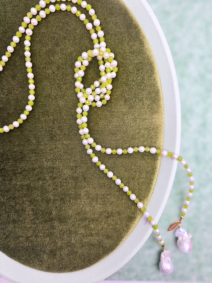 Pearl And Green Agate With Baroque Pearl Drops Open Ended Long Necklace SN036