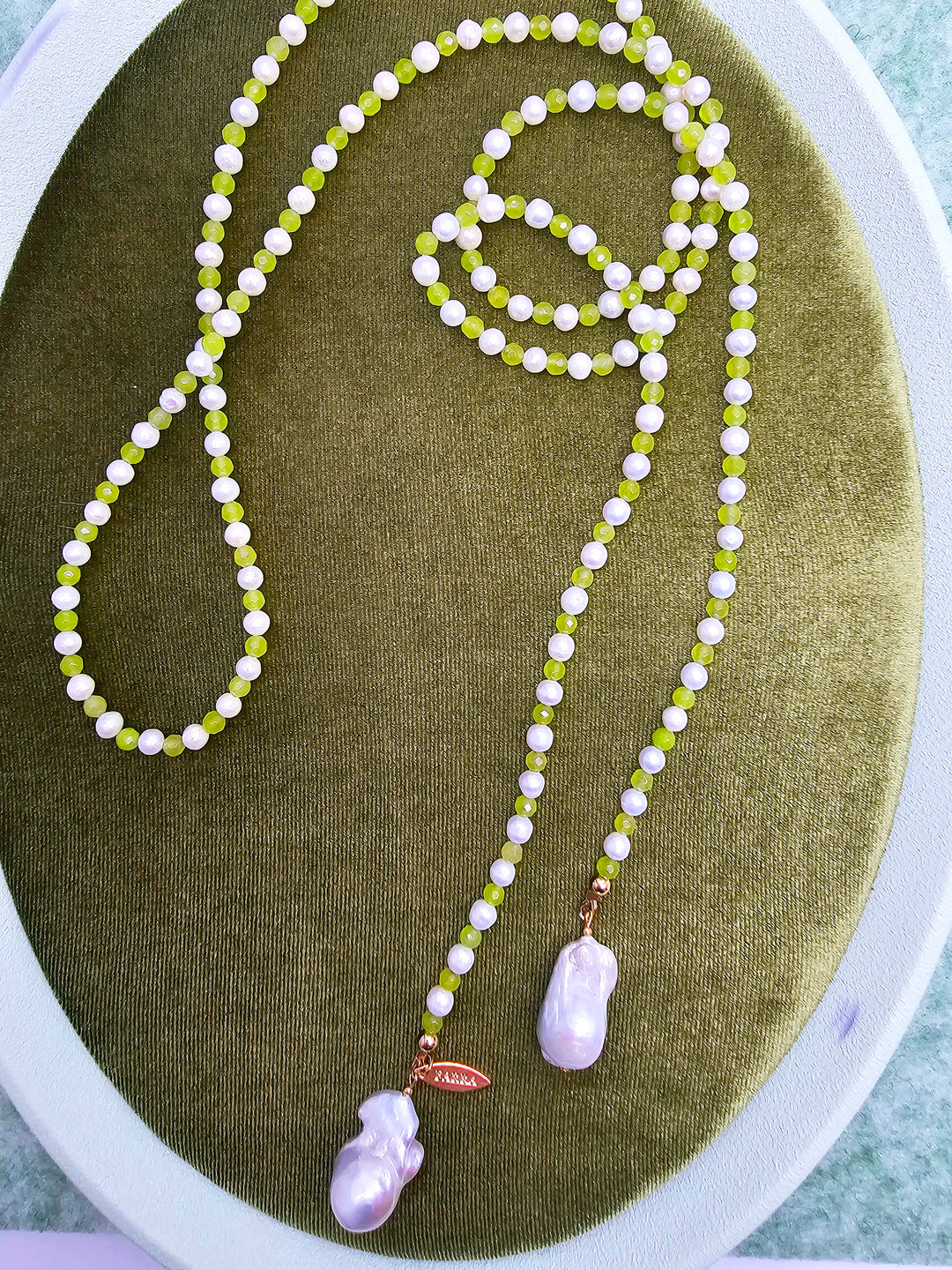 Pearl And Green Agate With Baroque Pearl Drops Open Ended Long Necklace SN036