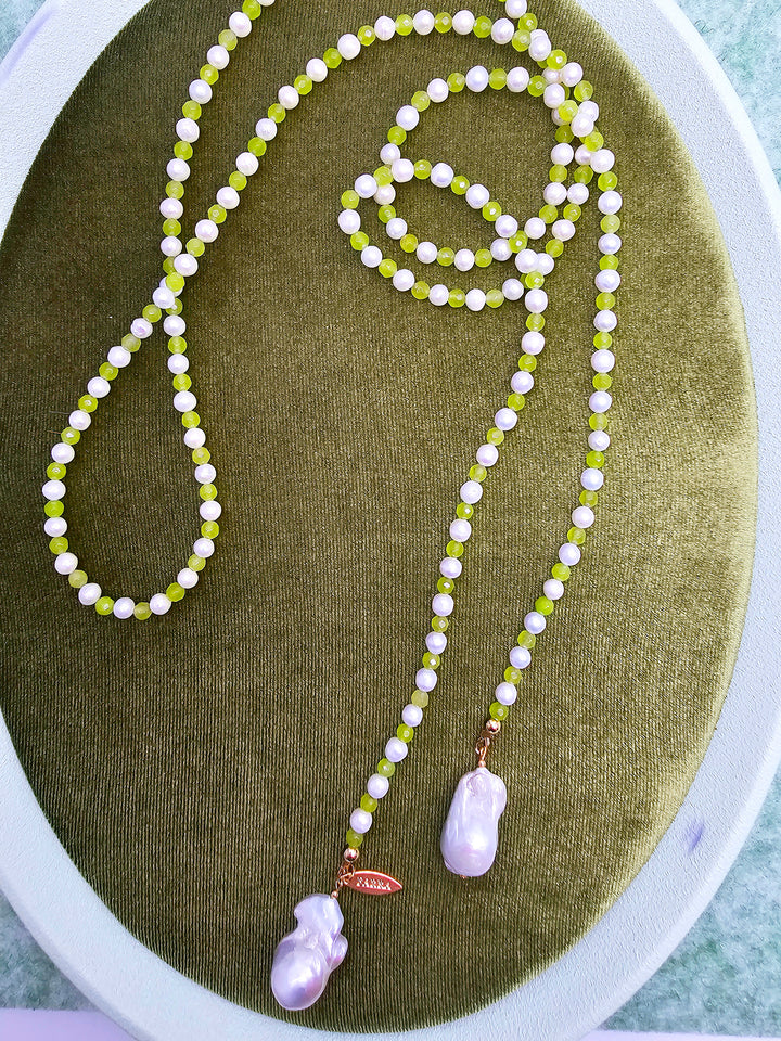 Pearl And Green Agate With Baroque Pearl Drops Open Ended Long Necklace SN036