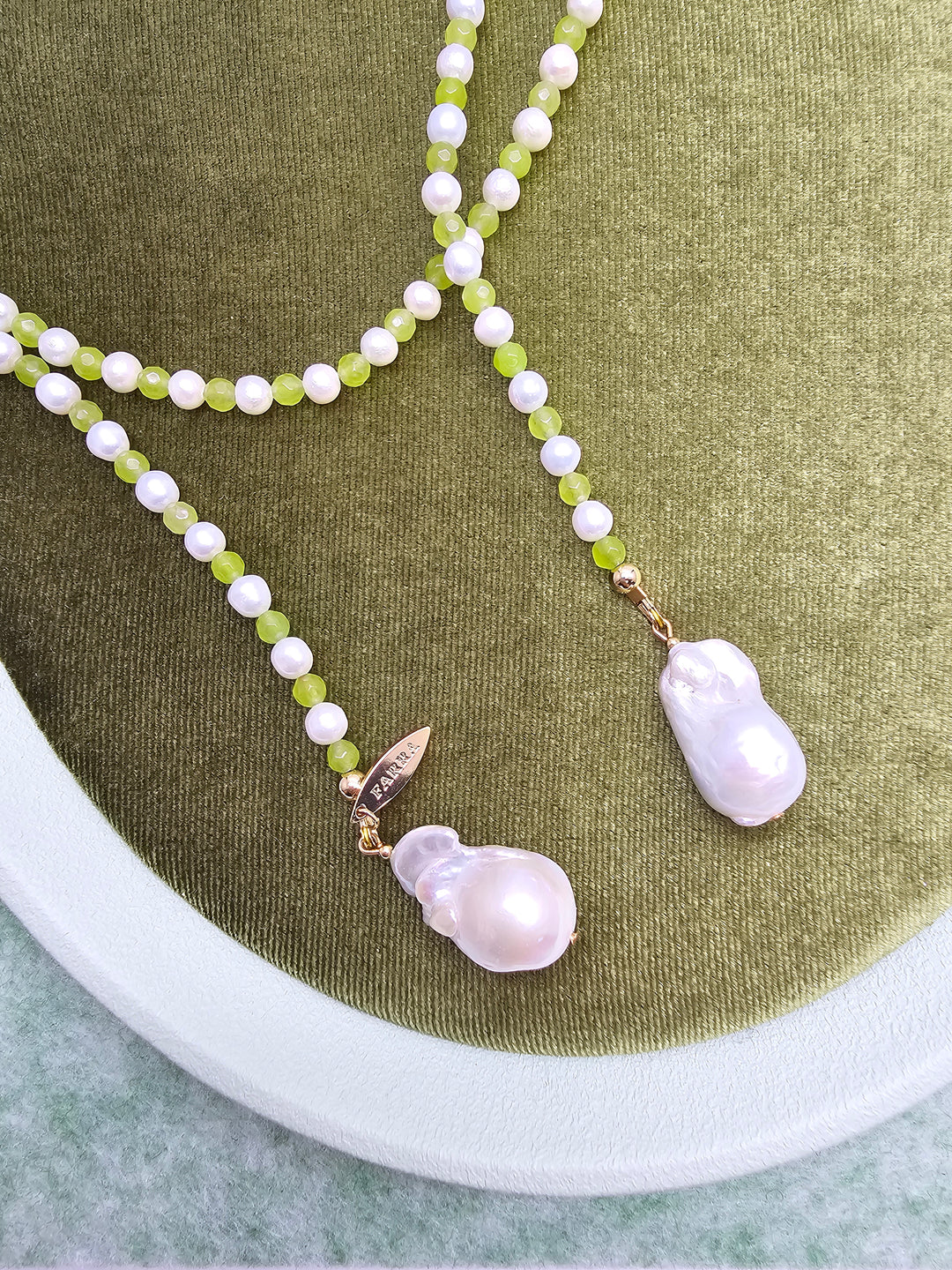 Pearl And Green Agate With Baroque Pearl Drops Open Ended Long Necklace SN036