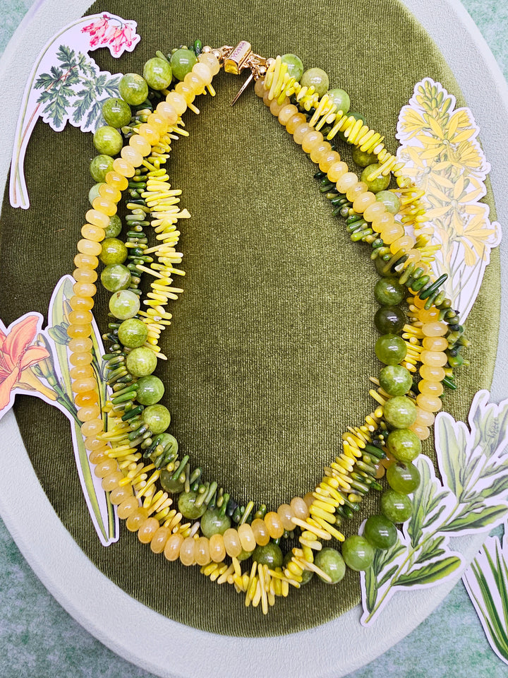 Artistic Green And Yellow Gemstone Multi-Layer Chunky Necklace SN035