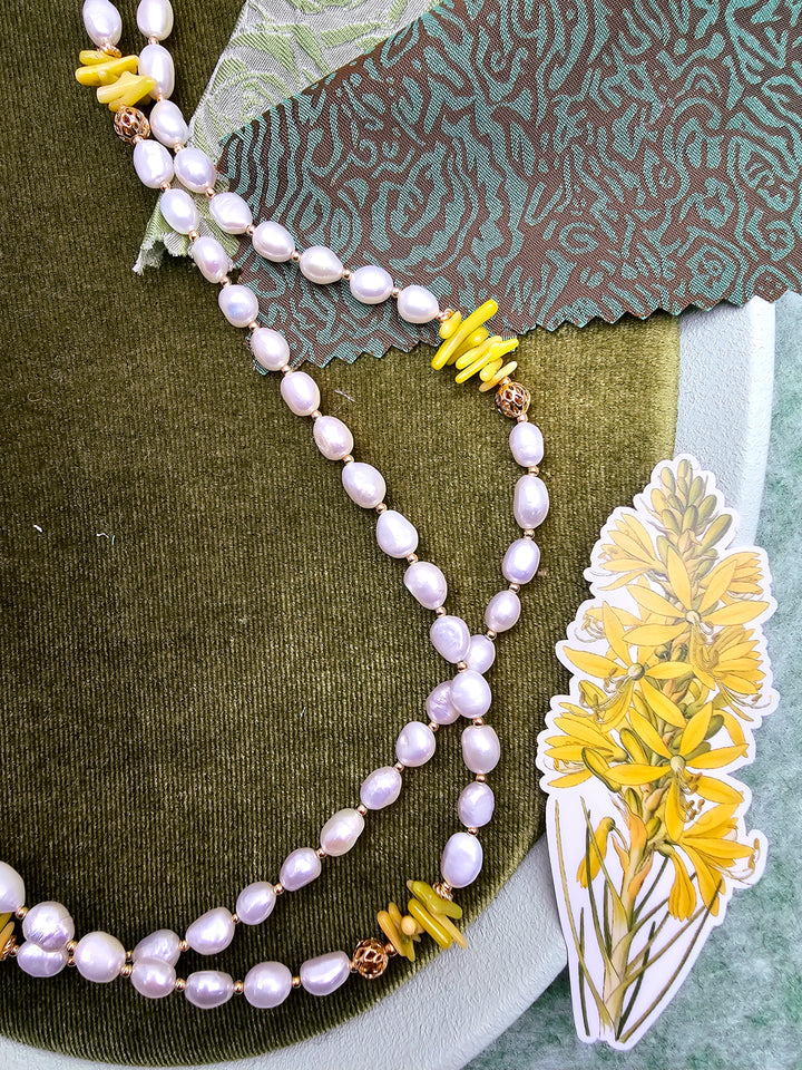 Freshwater Pearl With Yellow Bamboo Coral Long Necklace SN032
