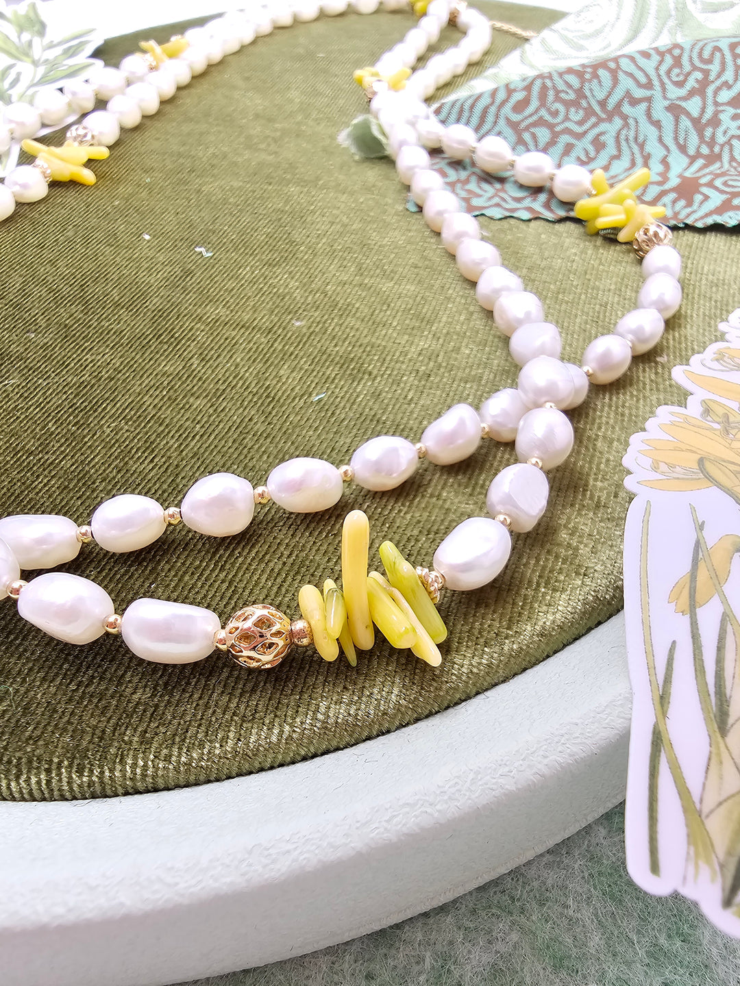 Freshwater Pearl With Yellow Bamboo Coral Long Necklace SN032