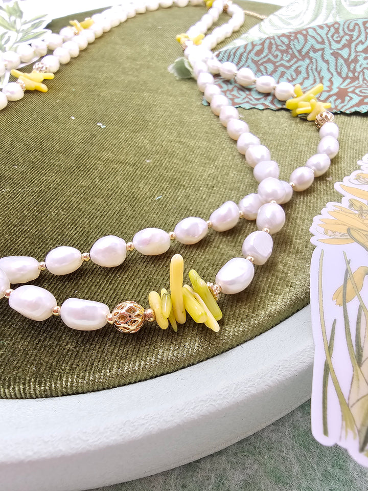 Freshwater Pearl With Yellow Bamboo Coral Long Necklace SN032
