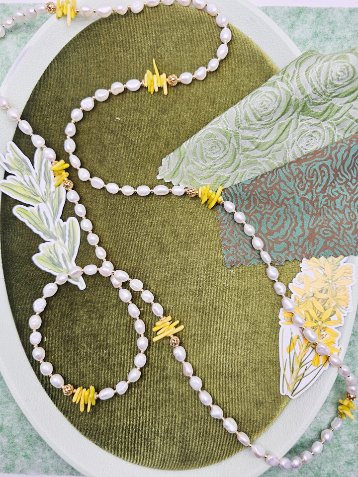 Freshwater Pearl With Yellow Bamboo Coral Long Necklace SN032