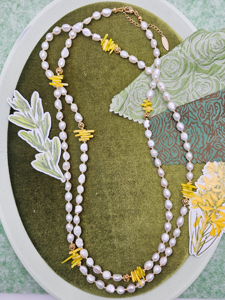 Freshwater Pearl With Yellow Bamboo Coral Long Necklace SN032