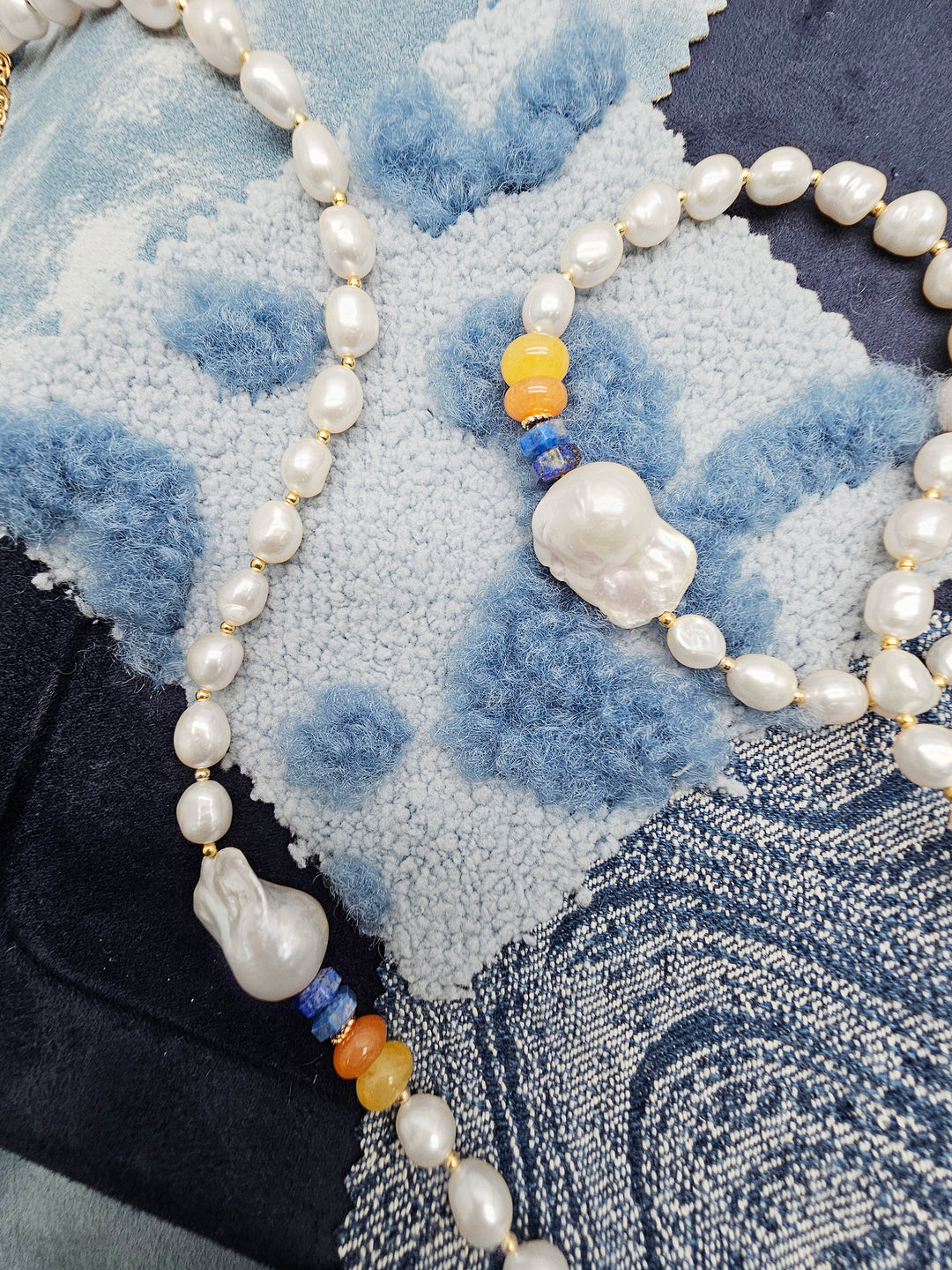 Freshwater Baroque Pearl With Colorful Gemstone Long Necklace SN018