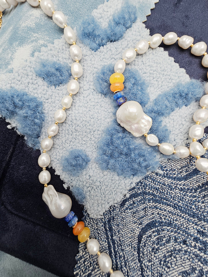 Freshwater Baroque Pearl With Colorful Gemstone Long Necklace SN018